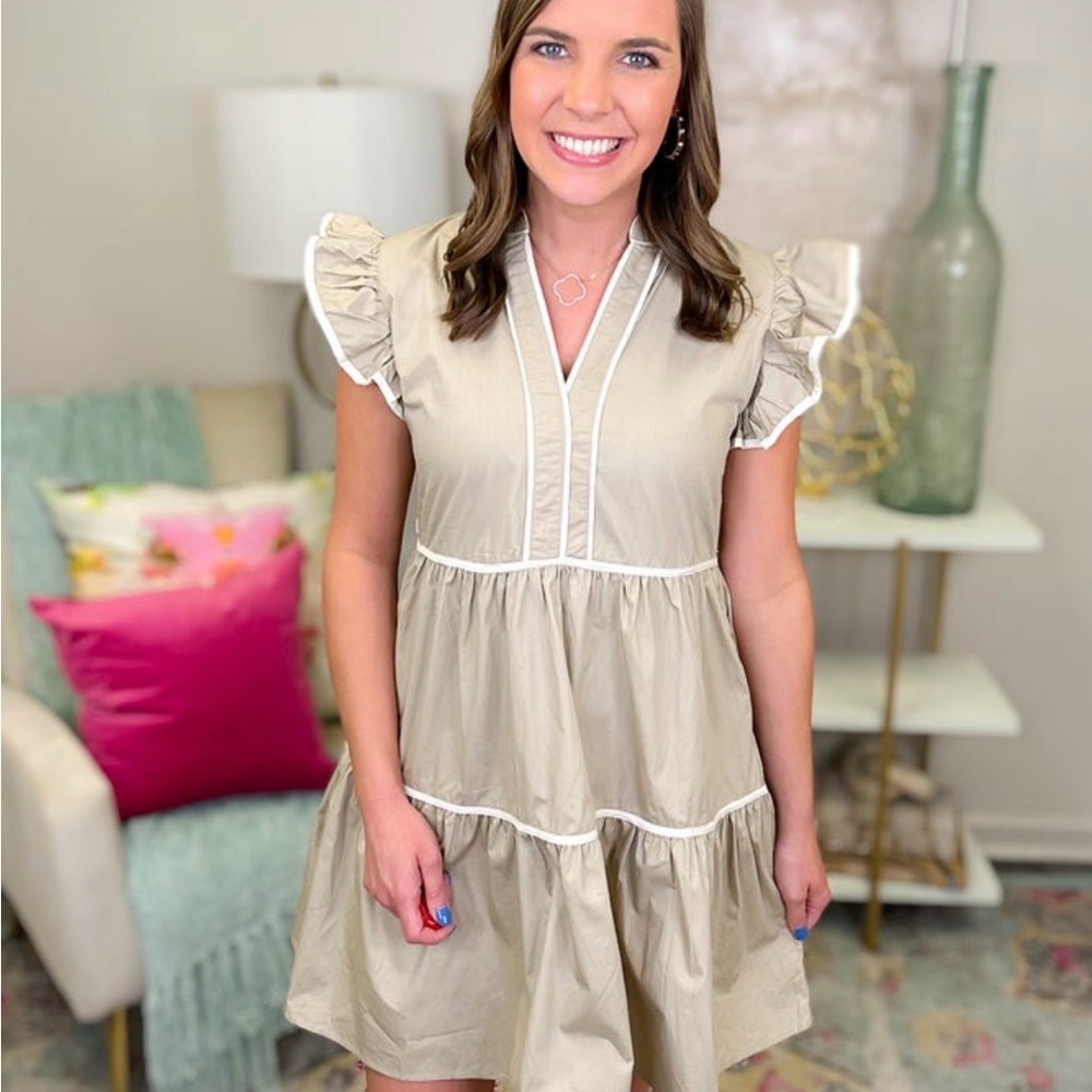She + Sky Beige Tiered Mini Dress with Ruffle Sleeves